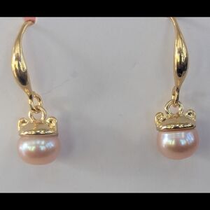 Natural Pearl Kitty Cat Drop Dangle Earrings 18k Gold Plated Pink